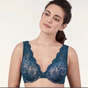 ThirdLove 24/7 Lace Contour Plunge Bra 34C 1/2 Peacock Blue Padded NEW